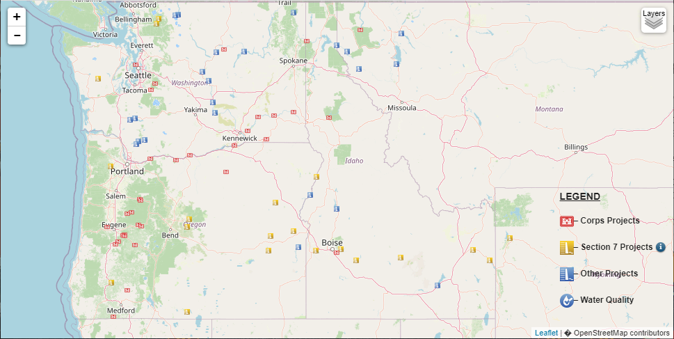 Screen capture of a map showing Washington, Oregon and western Montana. Markings show the locations of US Army Corps of Engineers Dams and other Dams in the region. The map is hyperlinked to an interactive map with more information available at each dam location. 