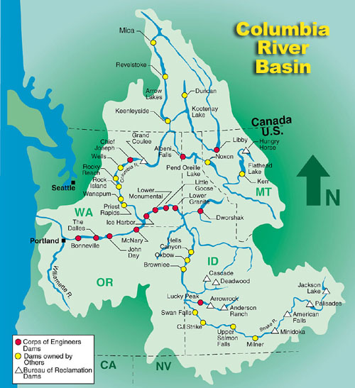 A map opf the Columbia River Basin and Columbia River Dams. A red dot indicates USACE Dams, a yellow dot indicates dams owned by others, and a white triangle indicates US Bureau of Reclamation Dams